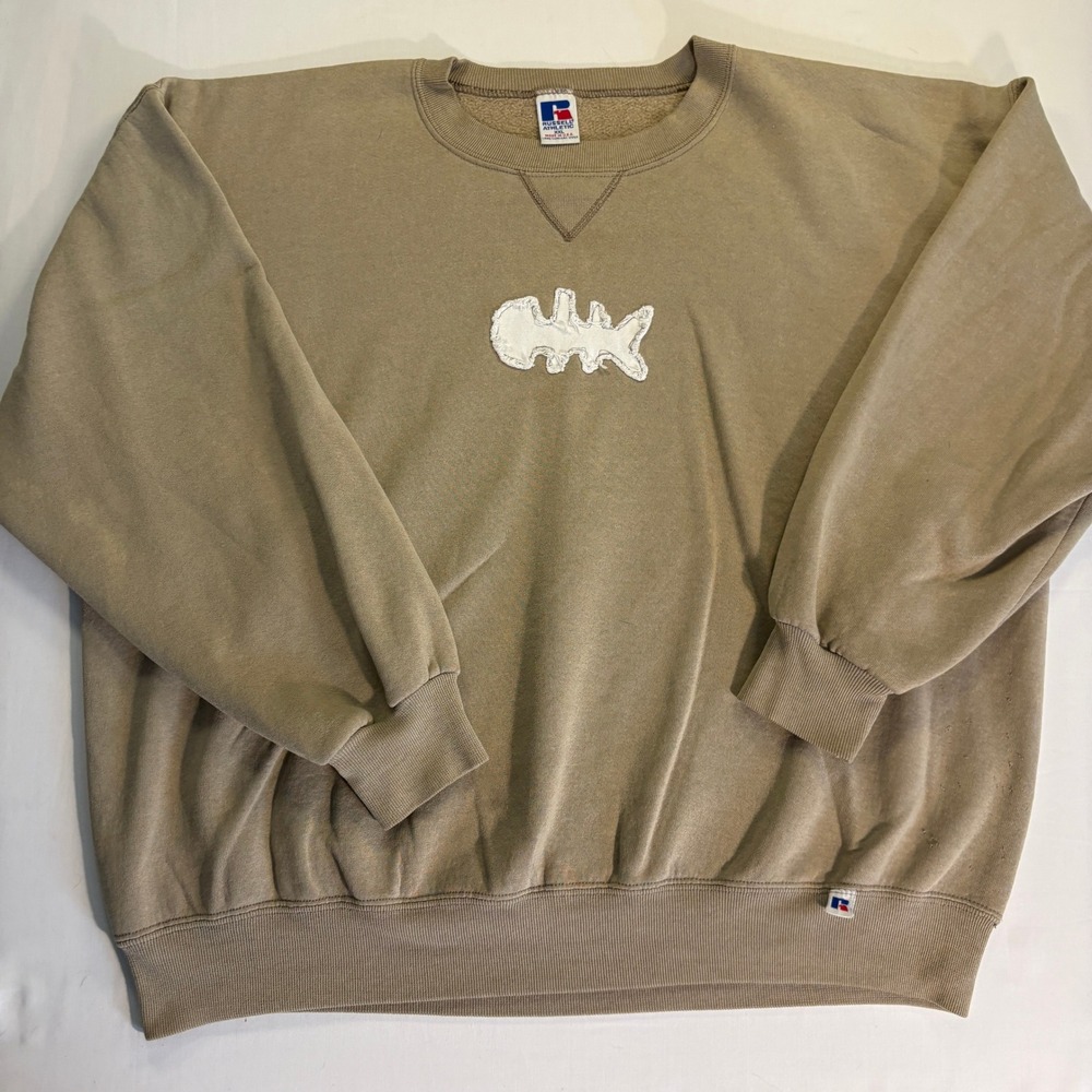 Vintage Russell Athletic Sweatshirt XXL Made in USA Tan Abstract Patch Ribbed